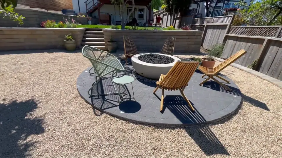 Fire pit patio with outdoor chairs on a decomposed granite surface